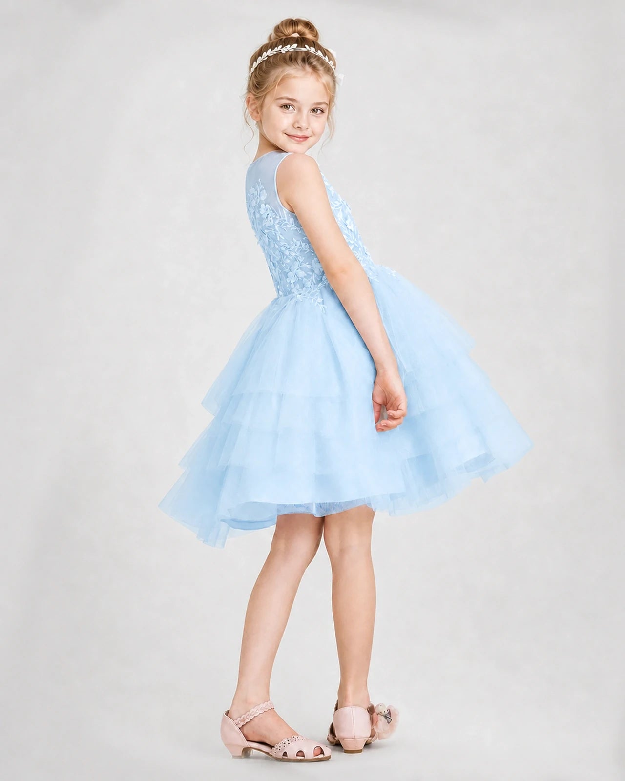 Dideyttawl Embroidered Tiered Tulle Girl Formal Dress