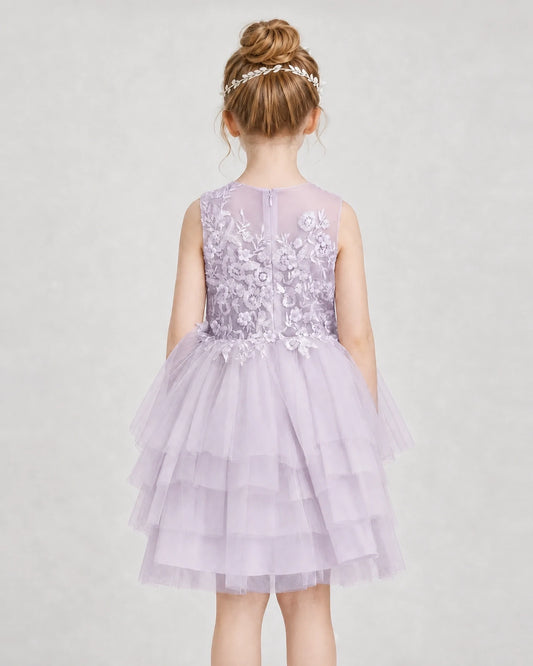 Blush Pink Tulle Tiered Girls Formal Dresses Back View