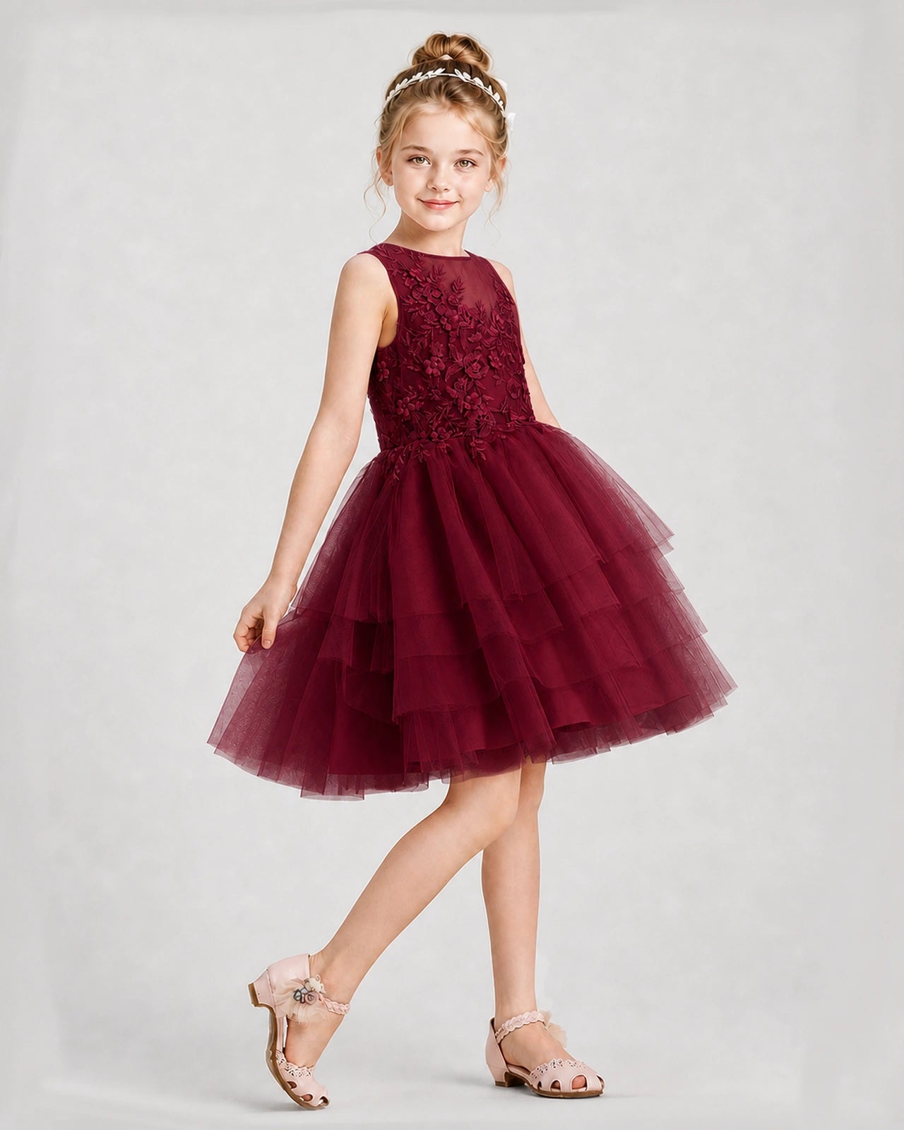 Dideyttawl Embroidered Tiered Tulle Girl Formal Dress