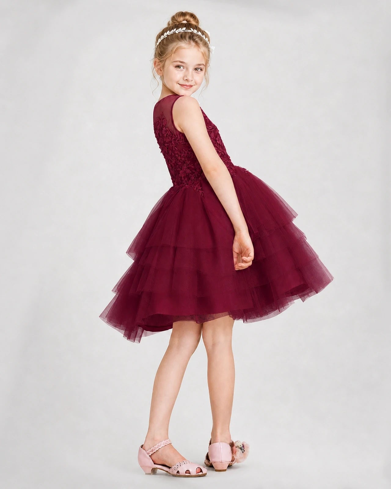 Dideyttawl Embroidered Tiered Tulle Girl Formal Dress