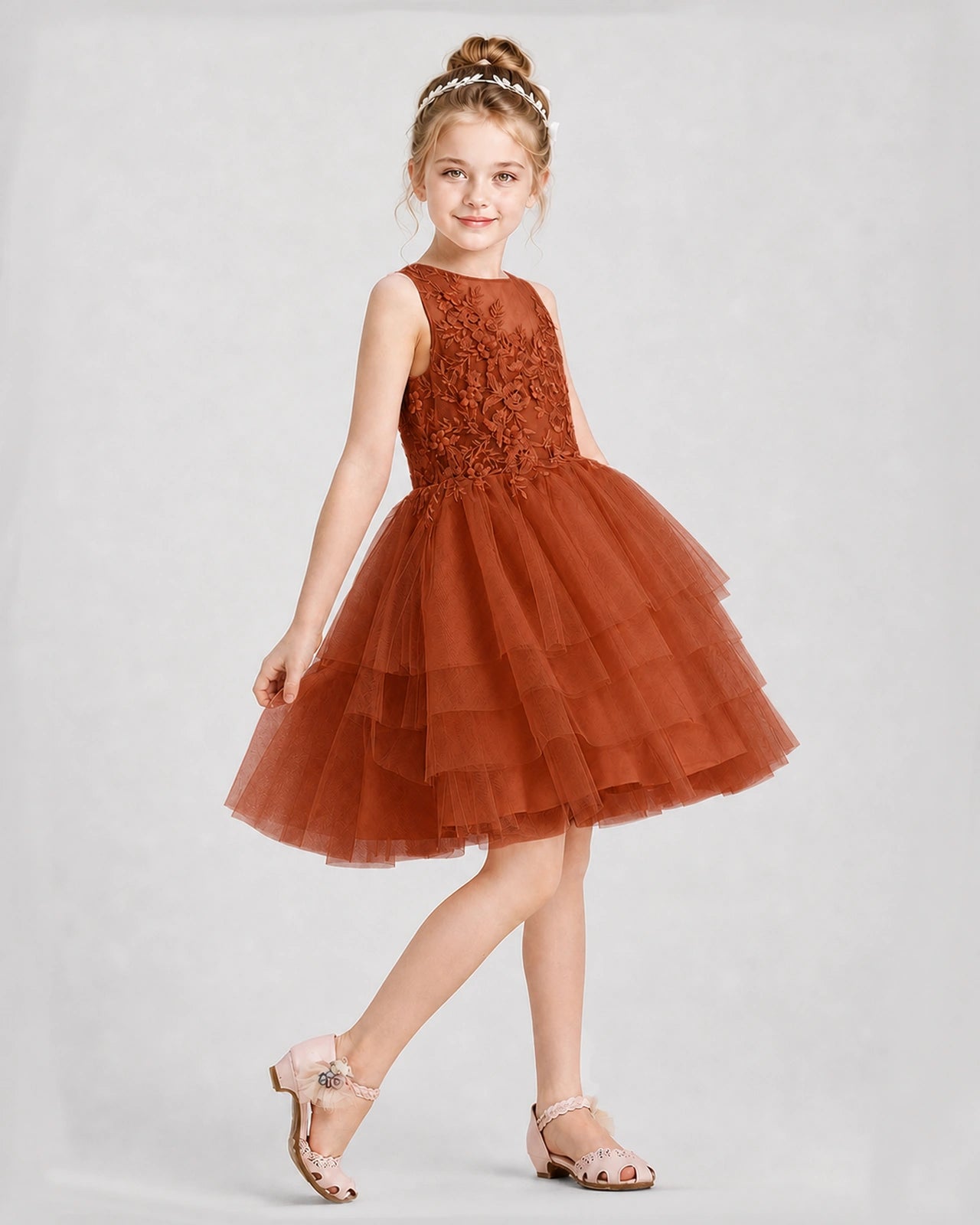 Dideyttawl Embroidered Tiered Tulle Girl Formal Dress