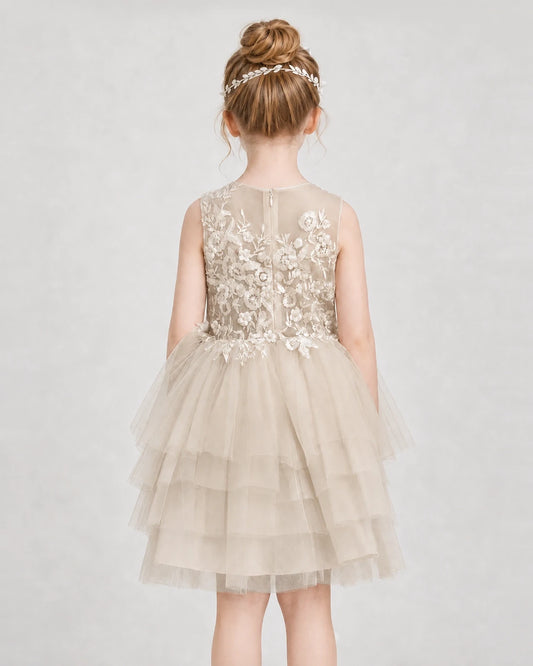 Champagne Tulle Tiered Dress Girls Formal Dresses Back View