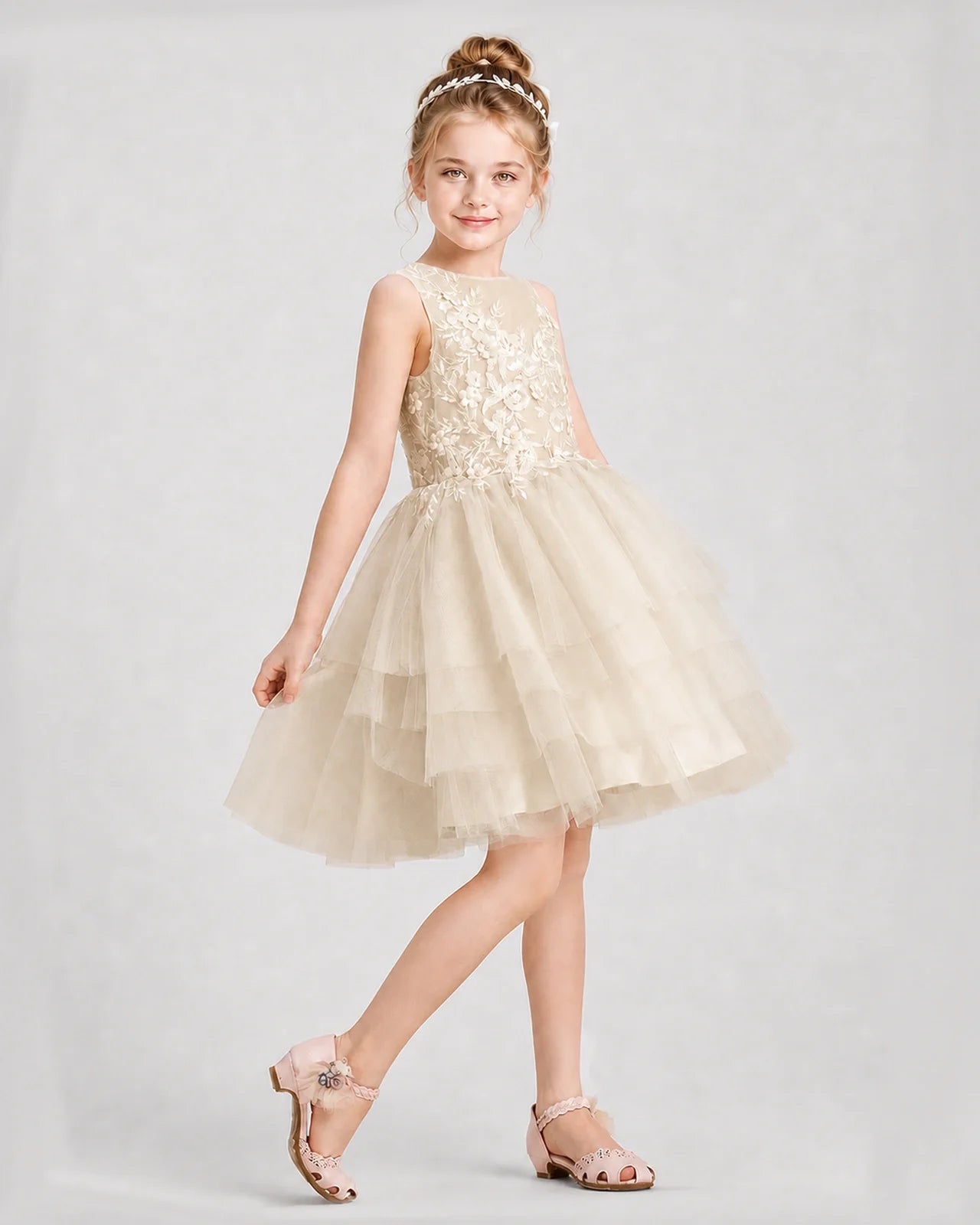 Dideyttawl Embroidered Tiered Tulle Girl Formal Dress