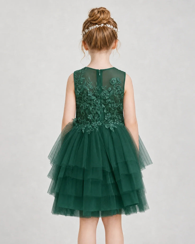 Dark Green Tulle Tiered Dress Girls Formal Dresses Back View