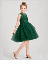 Dark green tulle tiered A-line dress girls formal dresses front view