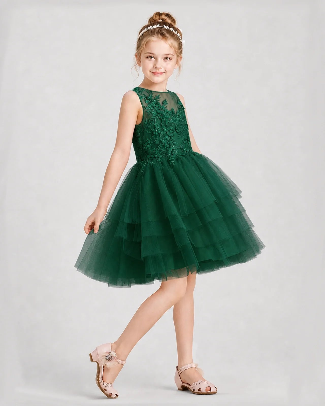 Dark green tulle tiered A-line dress girls formal dresses front view