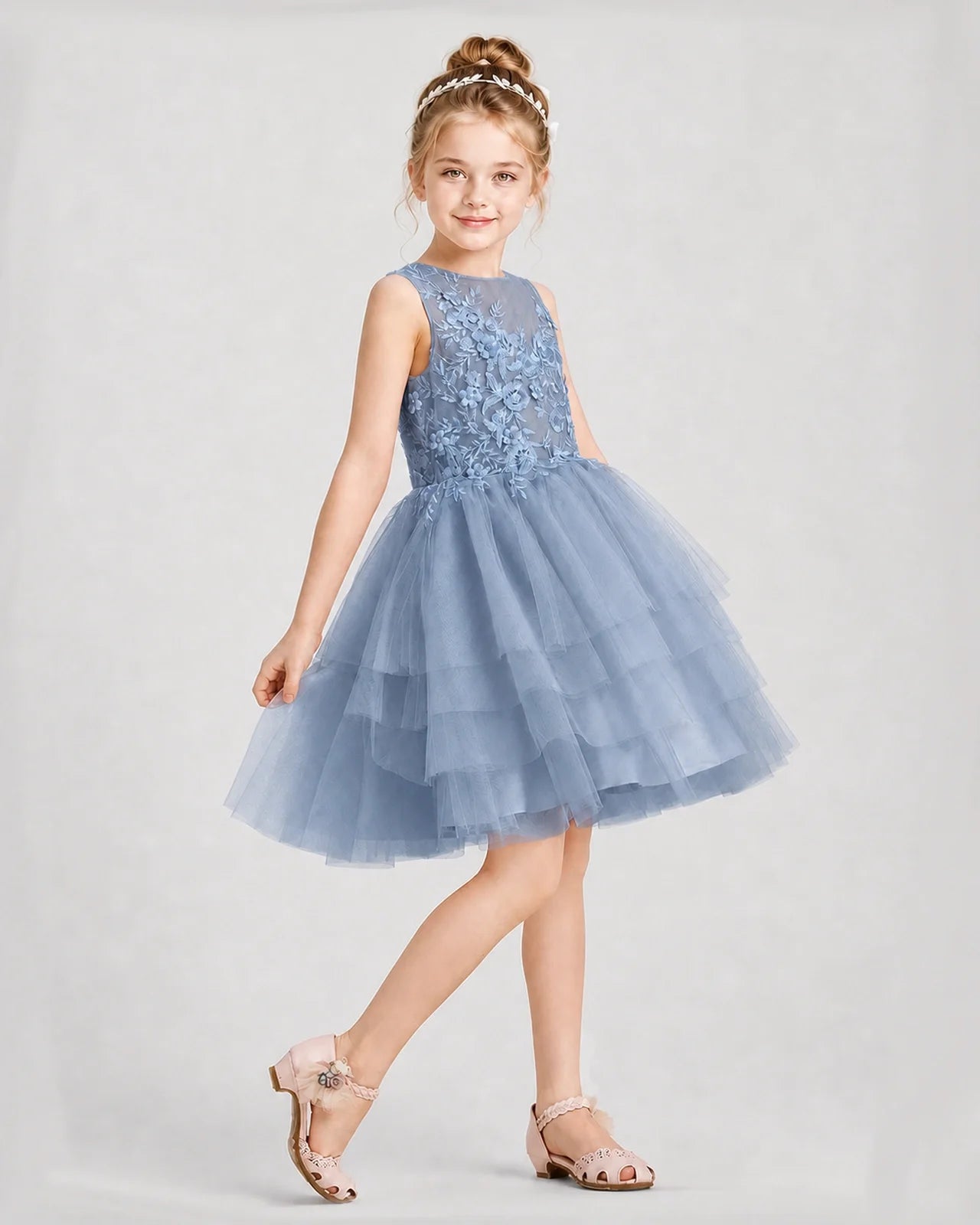Dideyttawl Embroidered Tiered Tulle Girl Formal Dress