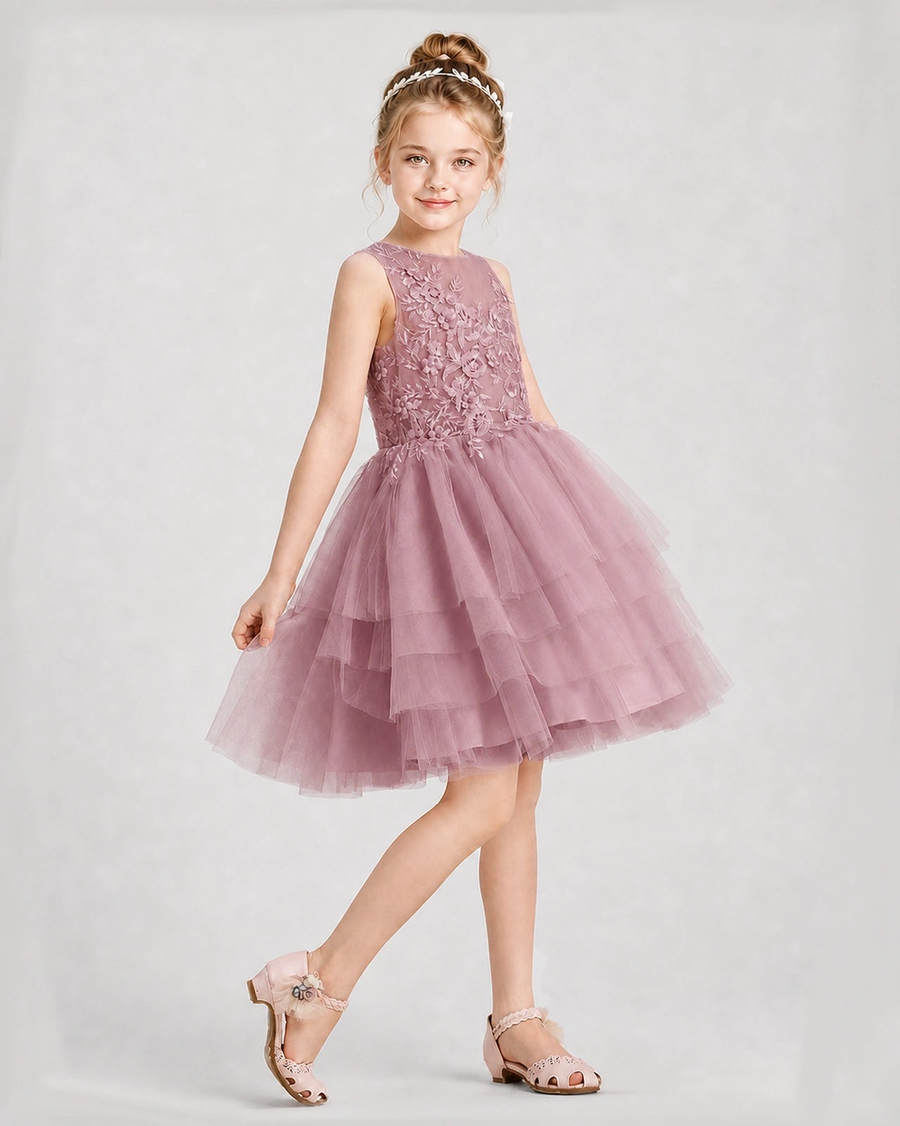 Dideyttawl Embroidered Tiered Tulle Girl Formal Dress
