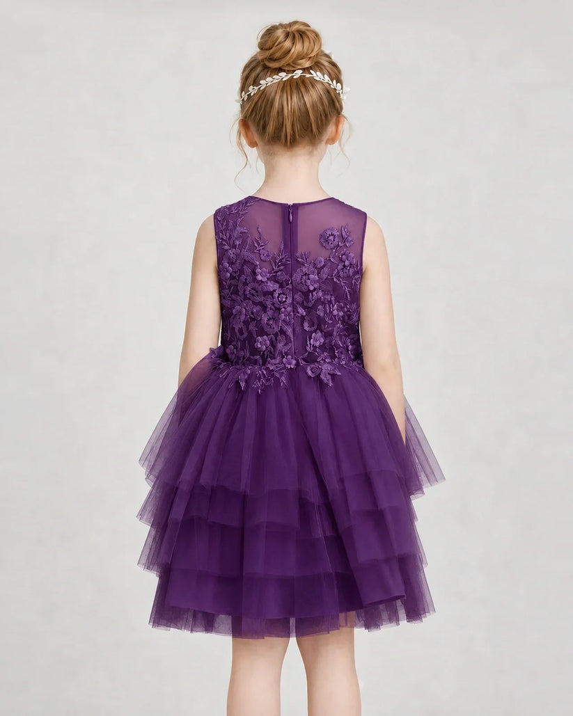 Grape Tulle Tiered Girls Formal Dresses Back View