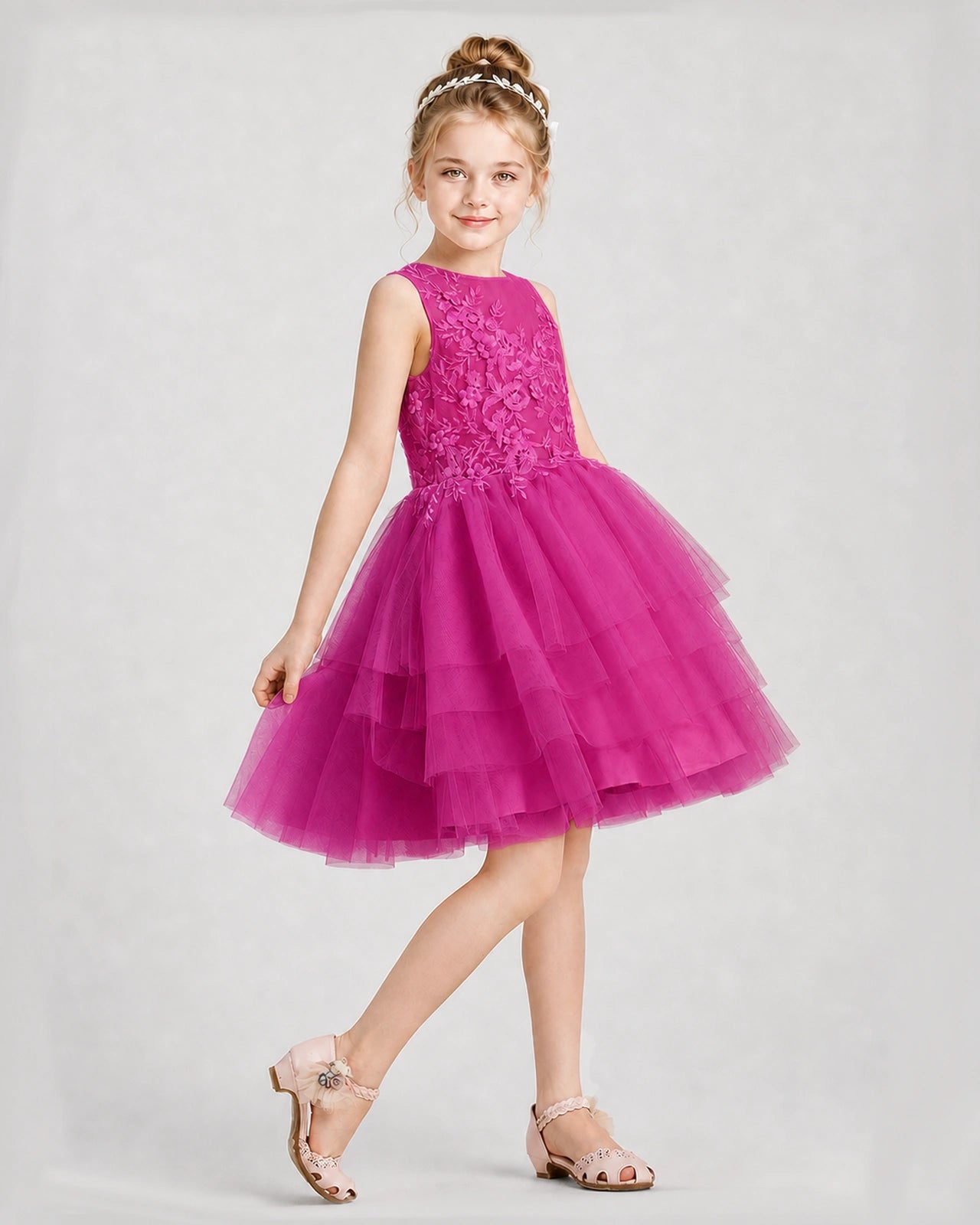 Dideyttawl Embroidered Tiered Tulle Girl Formal Dress