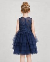 Navy Blue Tulle Tiered Dress Girls Formal Dresses Back View