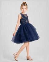 Navy Blue Tulle A-line Girls Formal Dresses Front View