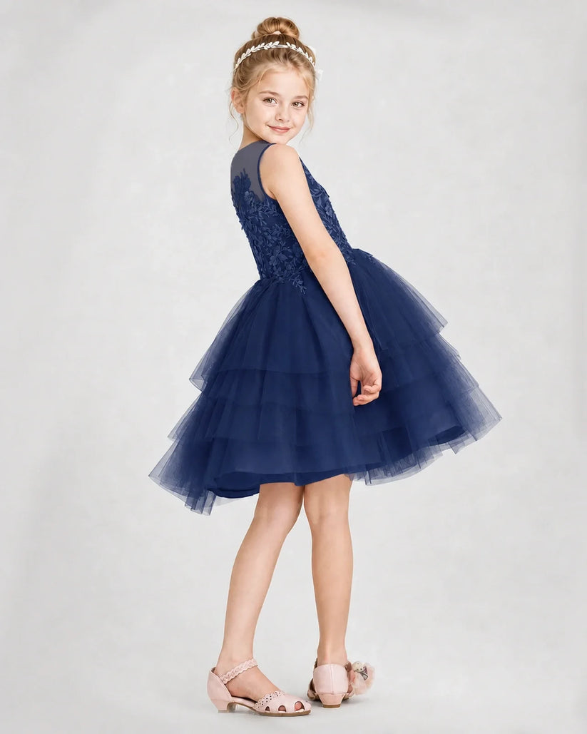 Navy Blue Tulle Tiered Girls Formal Dresses Side View