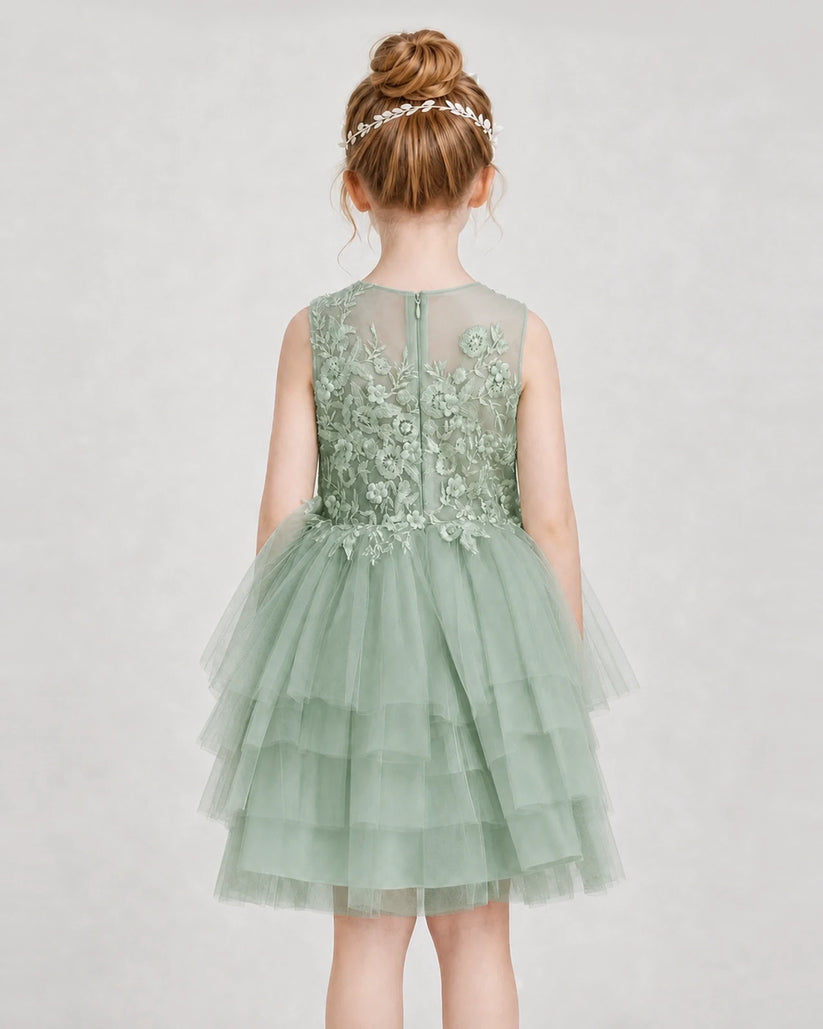 Sage Green Tulle Tiered Girls Formal Dresses Back View