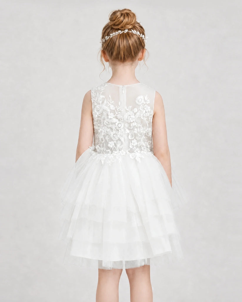 Ivory Tulle Tiered Dress Girls Formal Dresses Back View
