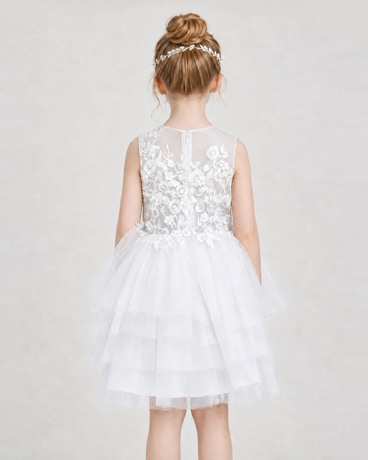 White Tulle Tiered Girls Formal Dresses Back View