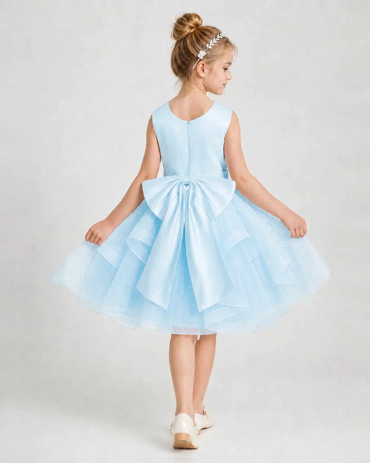 Dideyttawl Lace Satin Tulle Girl Formal Dress with Back Bow