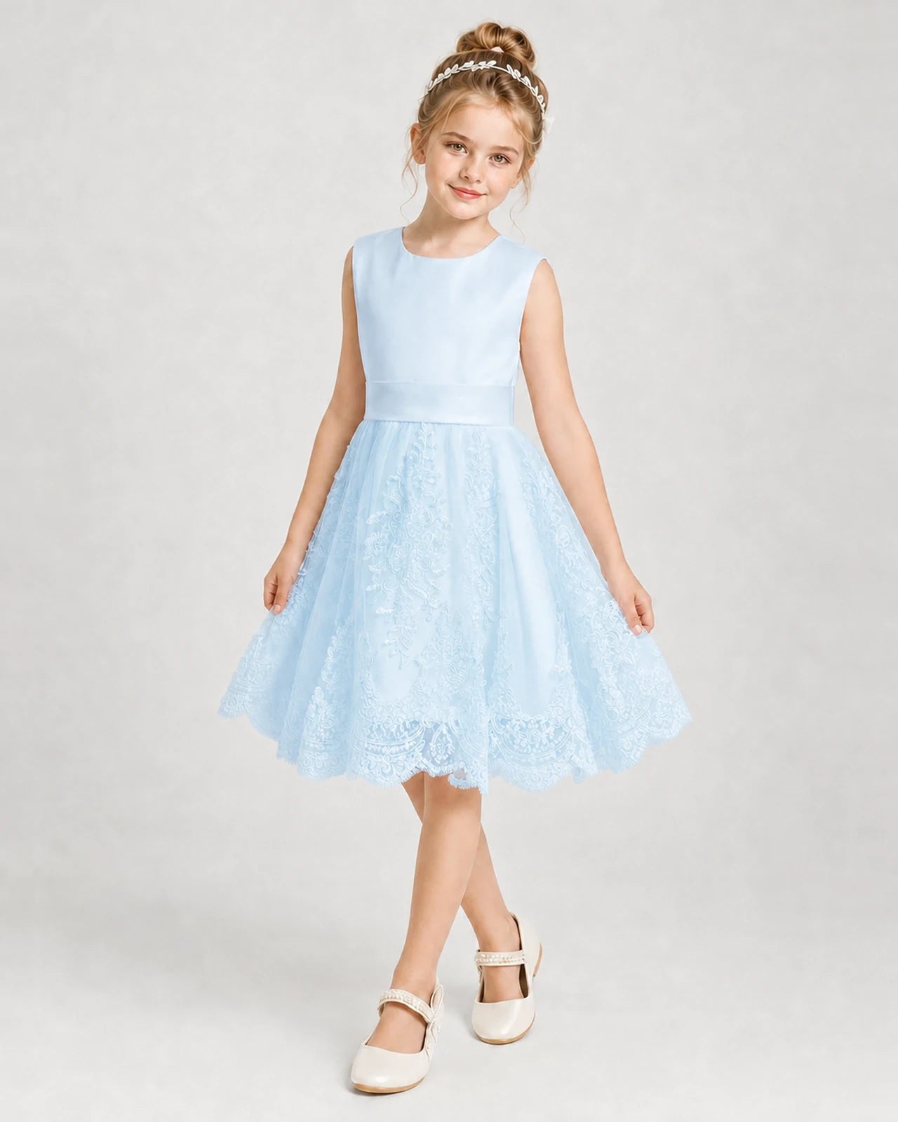 Dideyttawl Lace Satin Tulle Girl Formal Dress with Back Bow