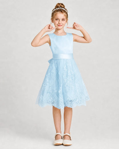 Dideyttawl Lace Satin Tulle Girl Formal Dress with Back Bow