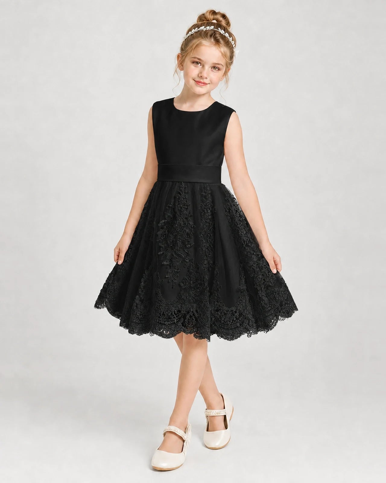 Dideyttawl Lace Satin Tulle Girl Formal Dress with Back Bow