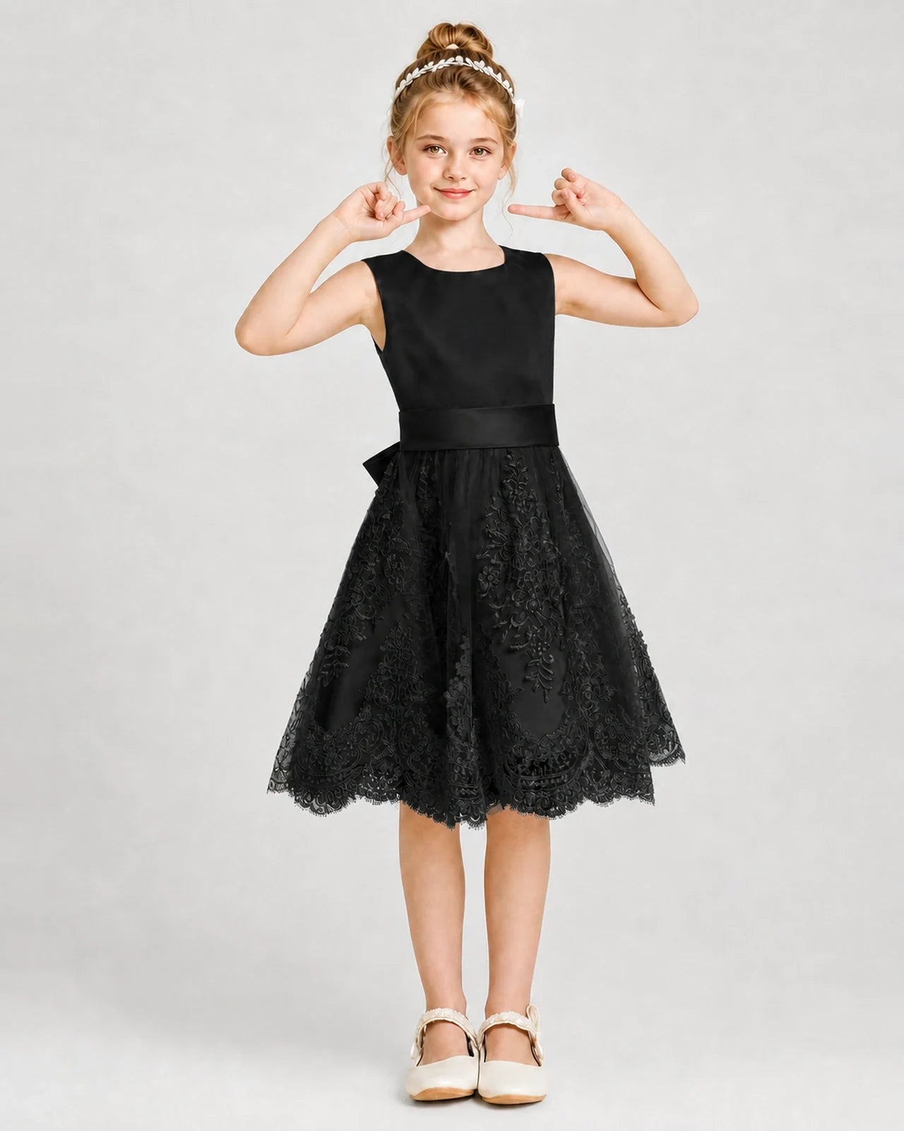 Dideyttawl Lace Satin Tulle Girl Formal Dress with Back Bow