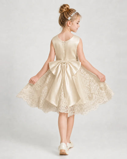 Dideyttawl Lace Satin Tulle Girl Formal Dress with Back Bow