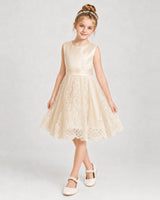Champagne Satin and Tulle A-Line Girls Formal Dresses Front View