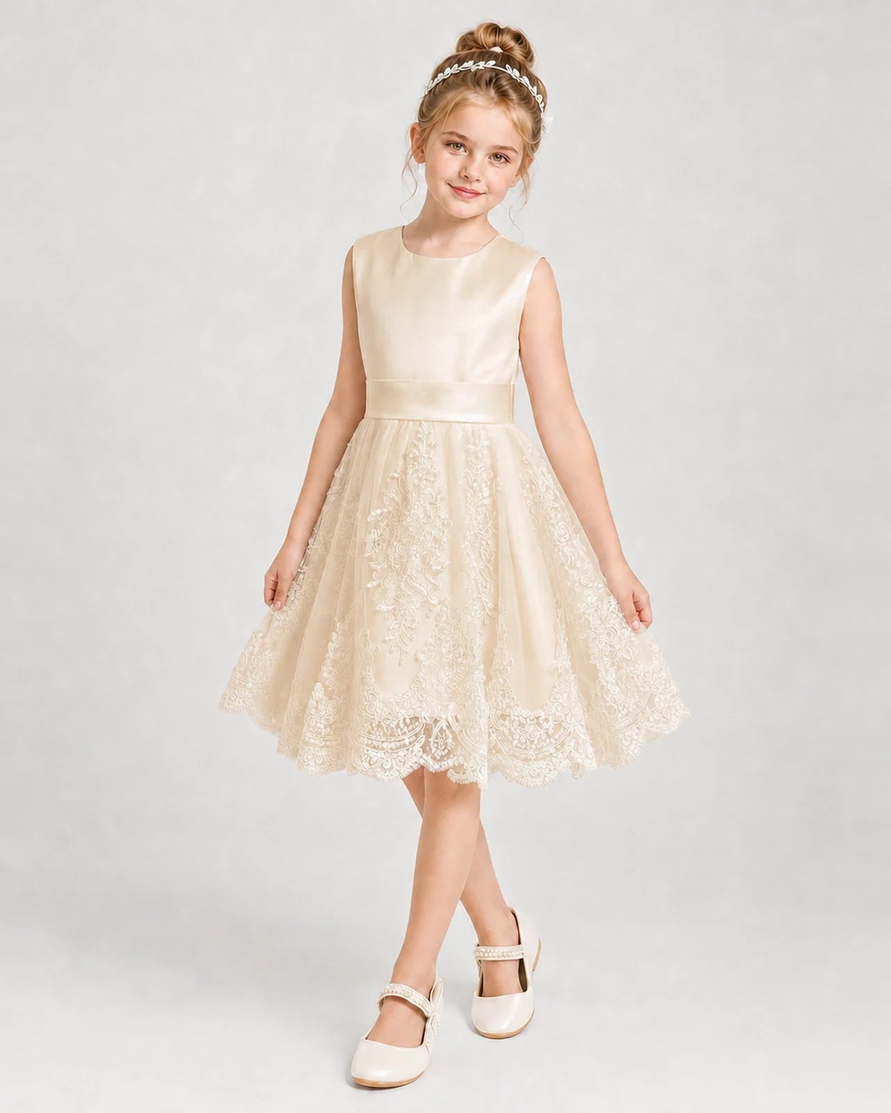 Champagne Satin and Tulle A-Line Girls Formal Dresses Front View
