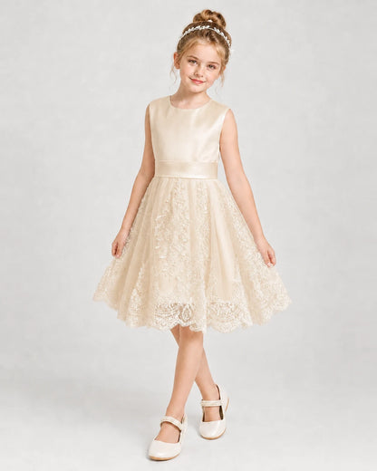 Dideyttawl Lace Satin Tulle Girl Formal Dress with Back Bow
