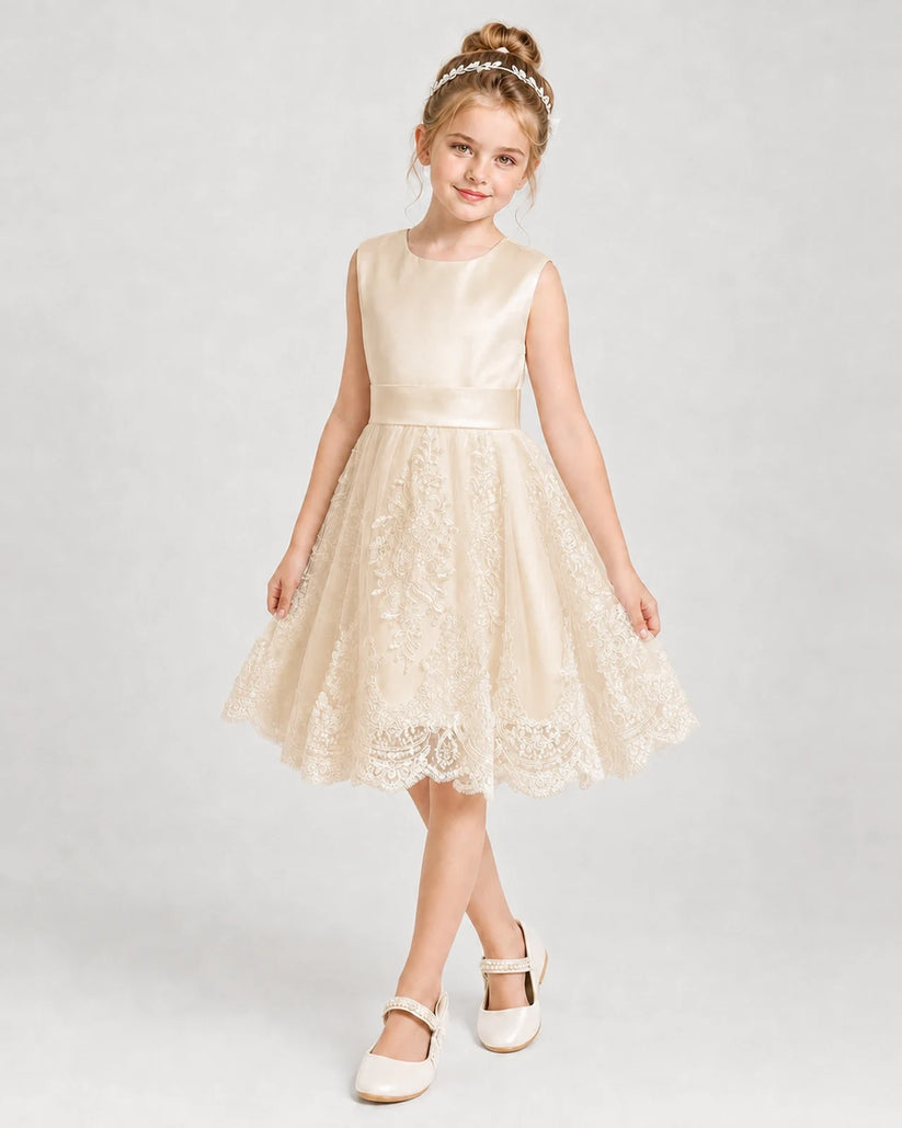 Champagne Satin and Tulle A-Line Girls Formal Dresses Front View