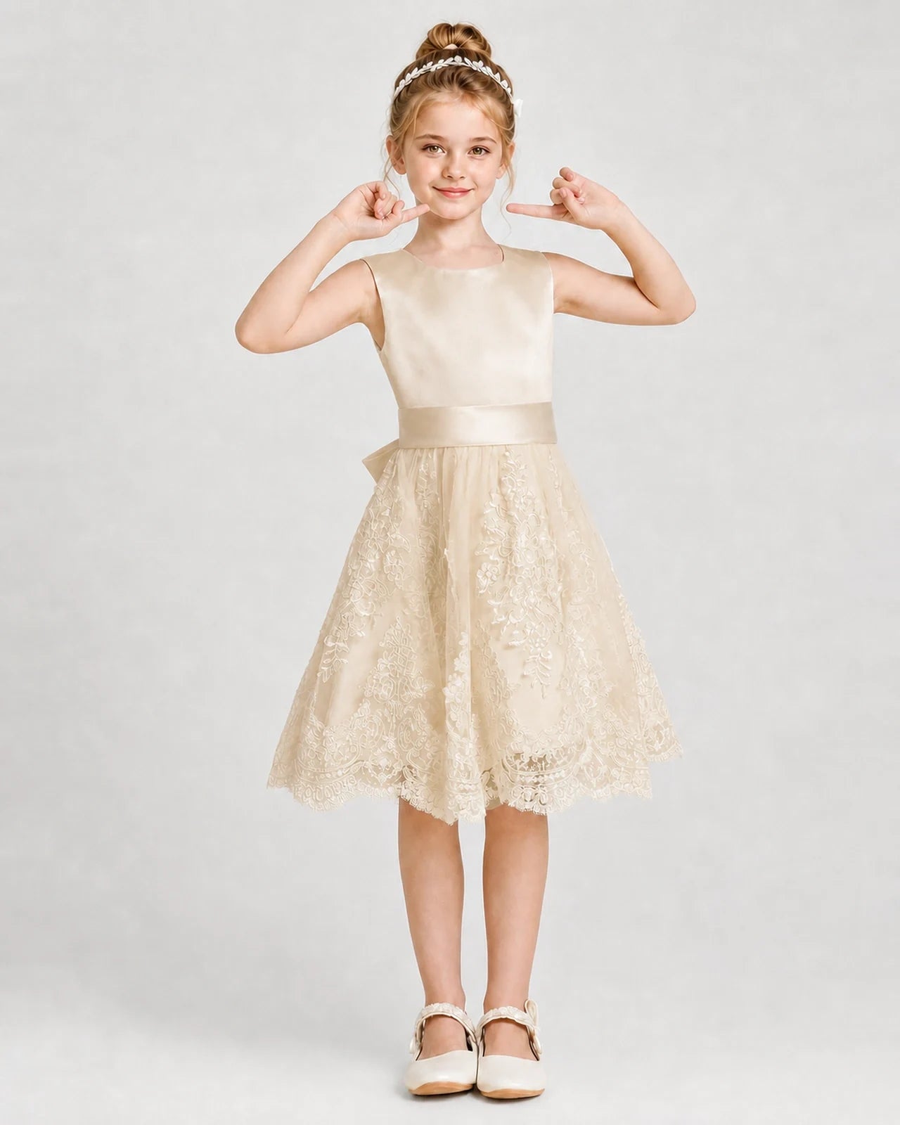 Dideyttawl Lace Satin Tulle Girl Formal Dress with Back Bow