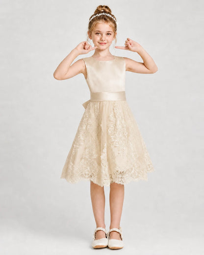 Dideyttawl Lace Satin Tulle Girl Formal Dress with Back Bow