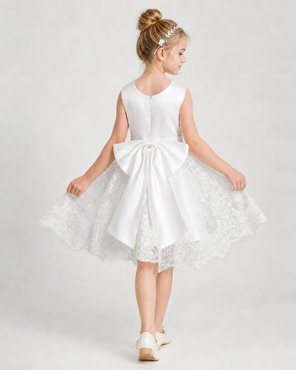 Dideyttawl Lace Satin Tulle Girl Formal Dress with Back Bow