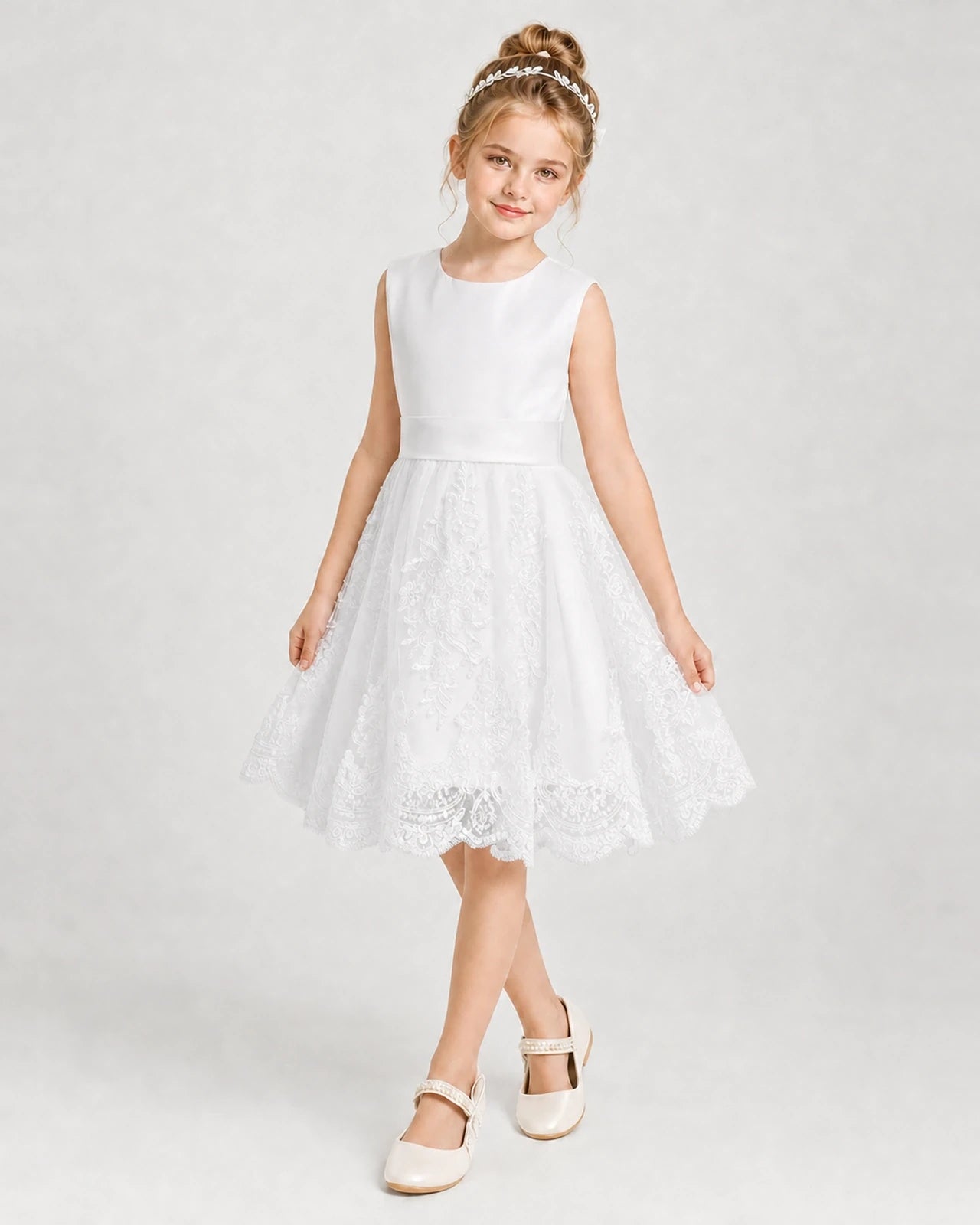 Dideyttawl Lace Satin Tulle Girl Formal Dress with Back Bow