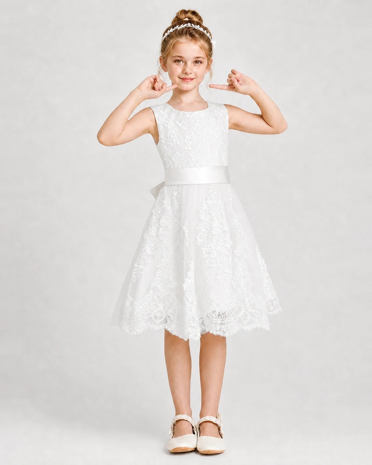 Dideyttawl Lace Satin Tulle Girl Formal Dress with Back Bow