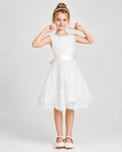 Dideyttawl Lace Satin Tulle Girl Formal Dress with Back Bow