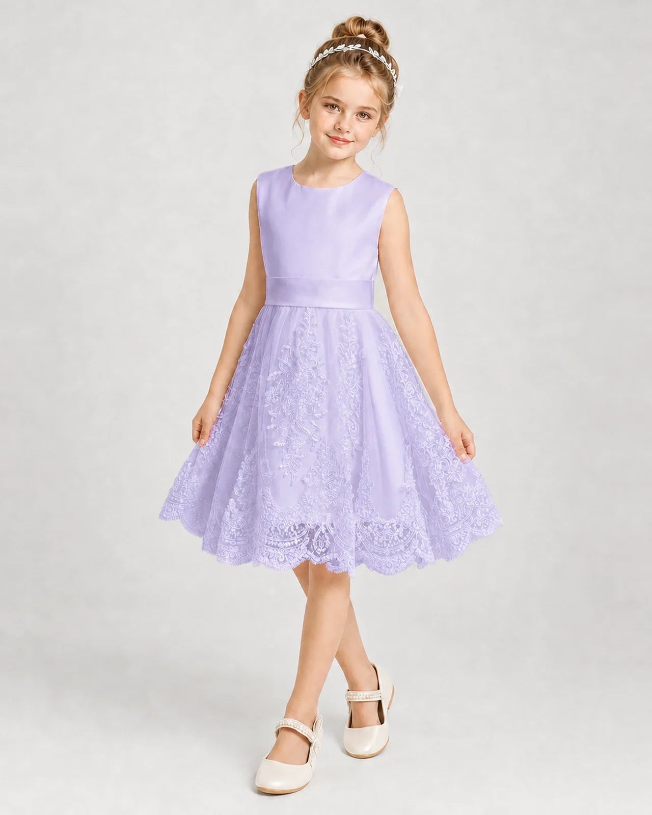 Dideyttawl Lace Satin Tulle Girl Formal Dress with Back Bow