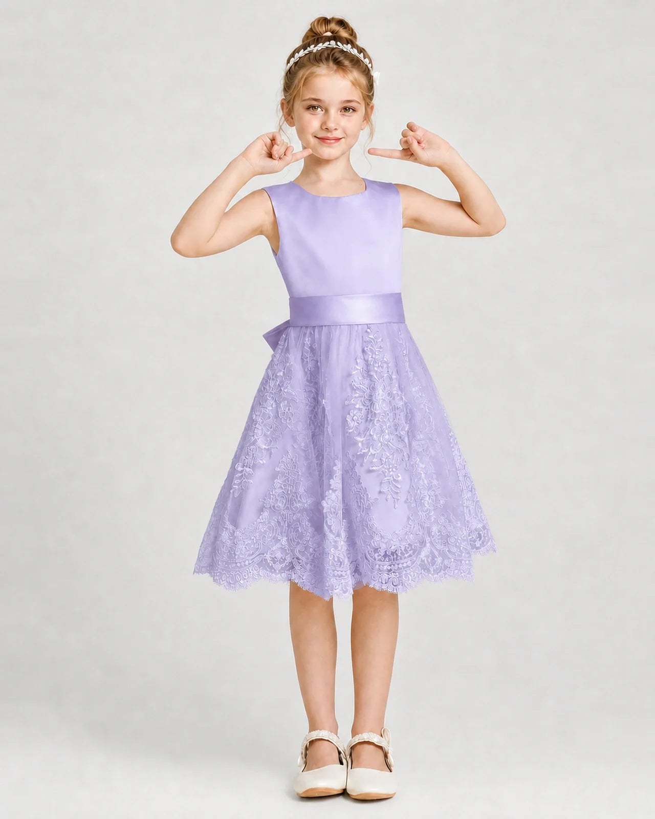 Dideyttawl Lace Satin Tulle Girl Formal Dress with Back Bow