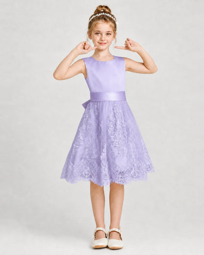 Dideyttawl Lace Satin Tulle Girl Formal Dress with Back Bow