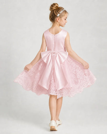 Dideyttawl Lace Satin Tulle Girl Formal Dress with Back Bow