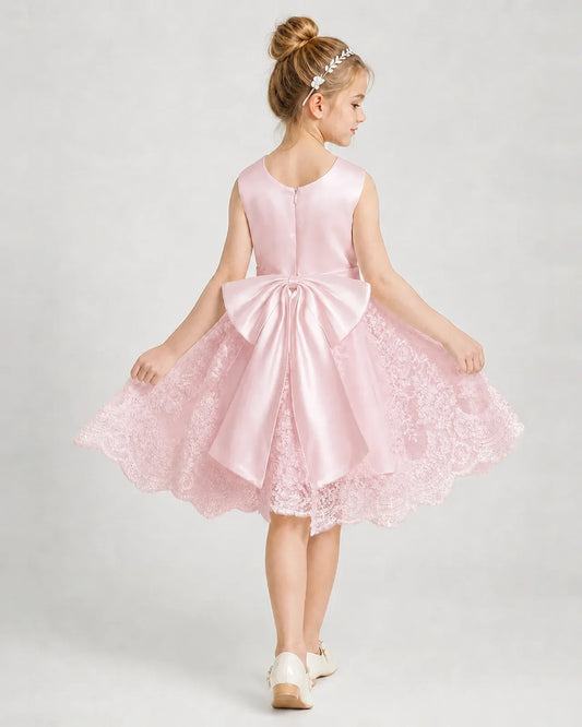 Pink Satin And Lace A-Line Girls Formal Dresses Back View