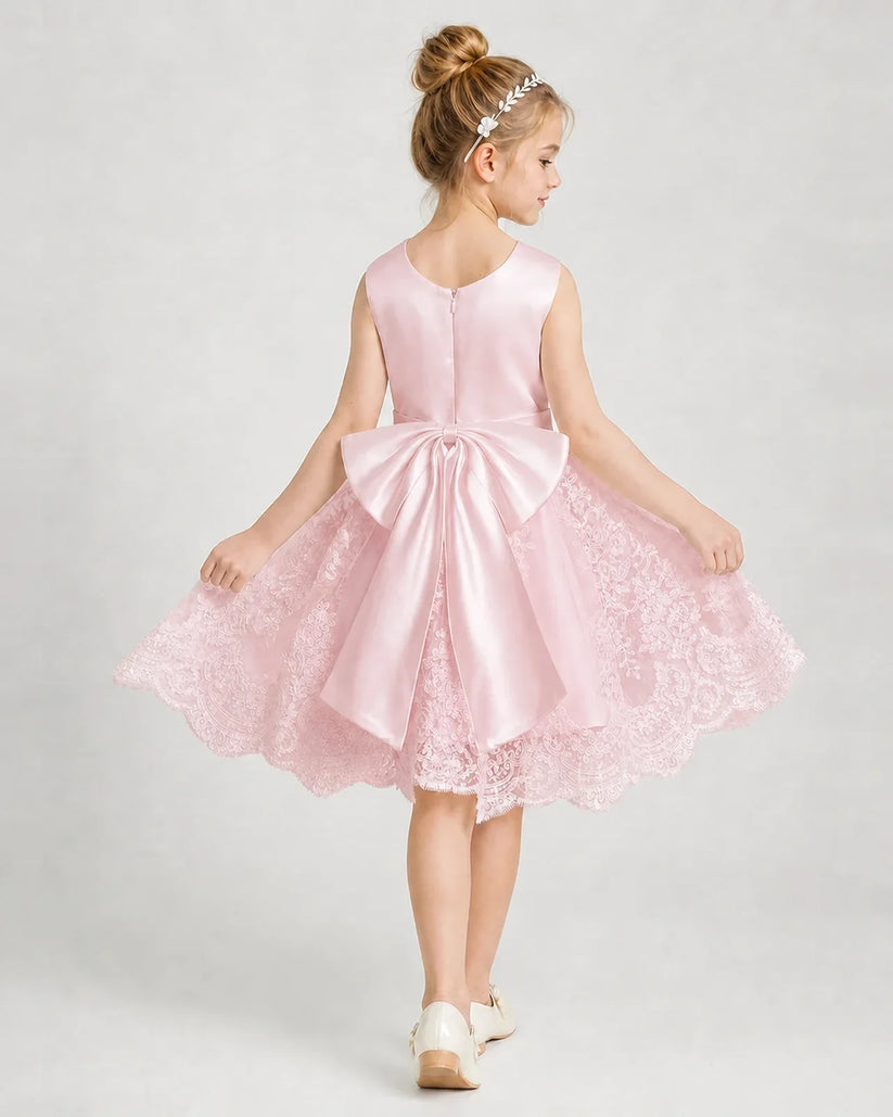 Pink Satin And Lace A-Line Girls Formal Dresses Back View