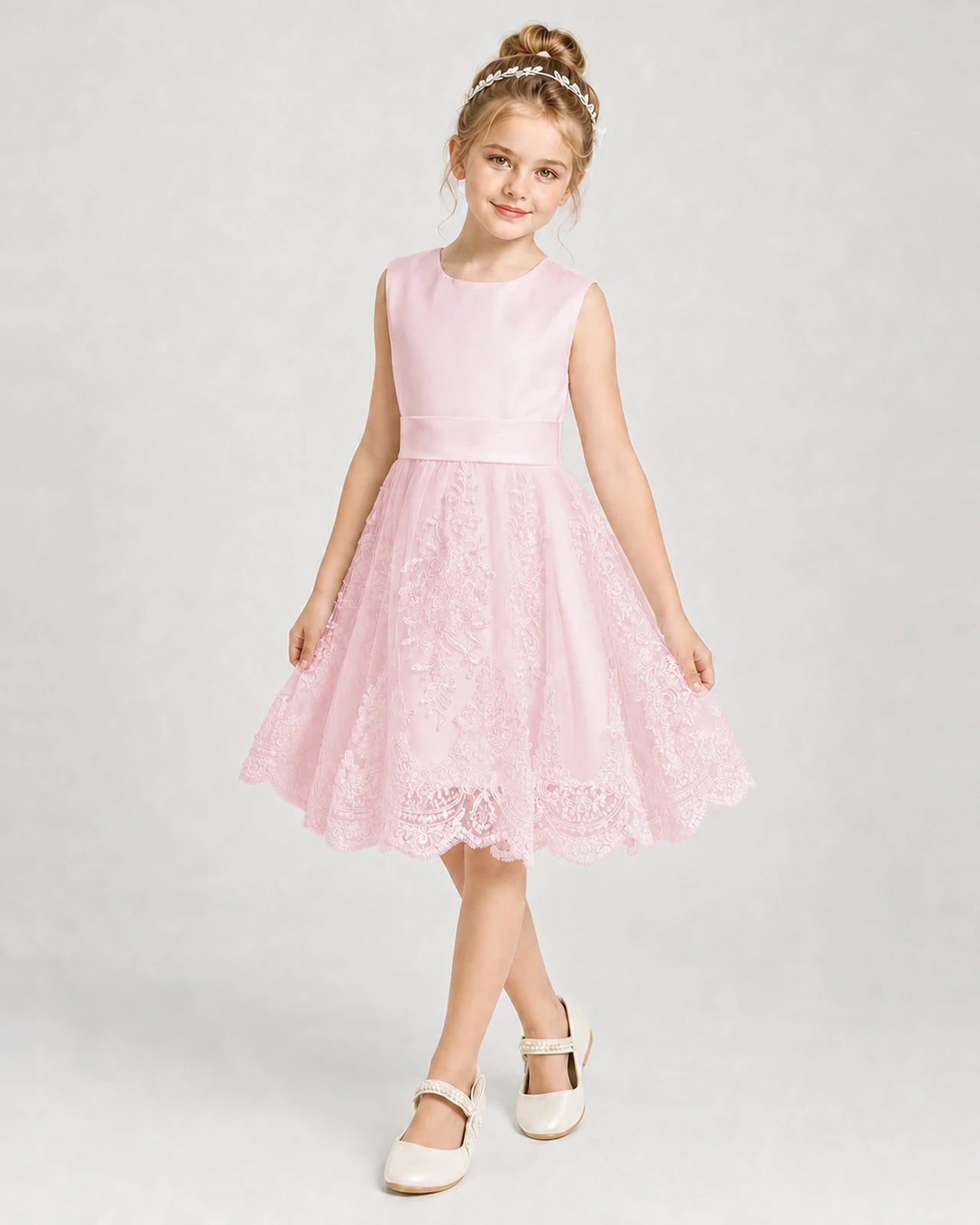Dideyttawl Lace Satin Tulle Girl Formal Dress with Back Bow