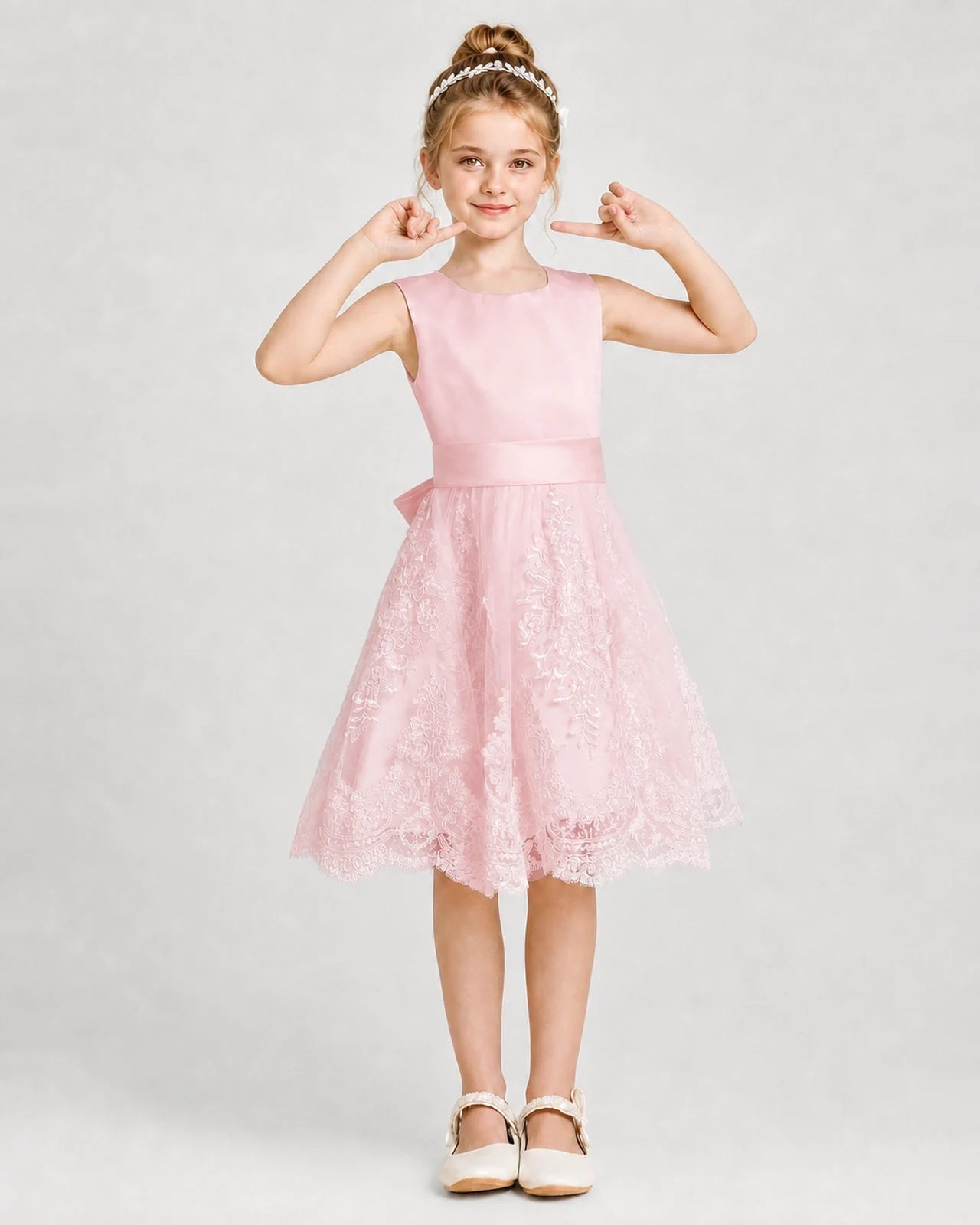 Dideyttawl Lace Satin Tulle Girl Formal Dress with Back Bow