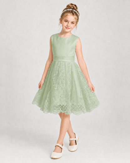 Dideyttawl Lace Satin Tulle Girl Formal Dress with Back Bow