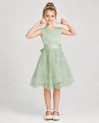 Dideyttawl Lace Satin Tulle Girl Formal Dress with Back Bow