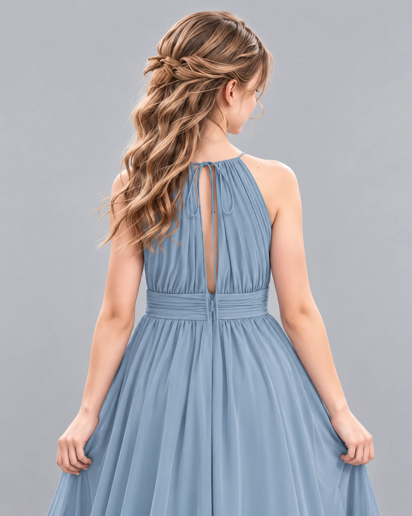 Dusty Blue A-line Junior Bridesmaid Dress Back_Detail [Shared]