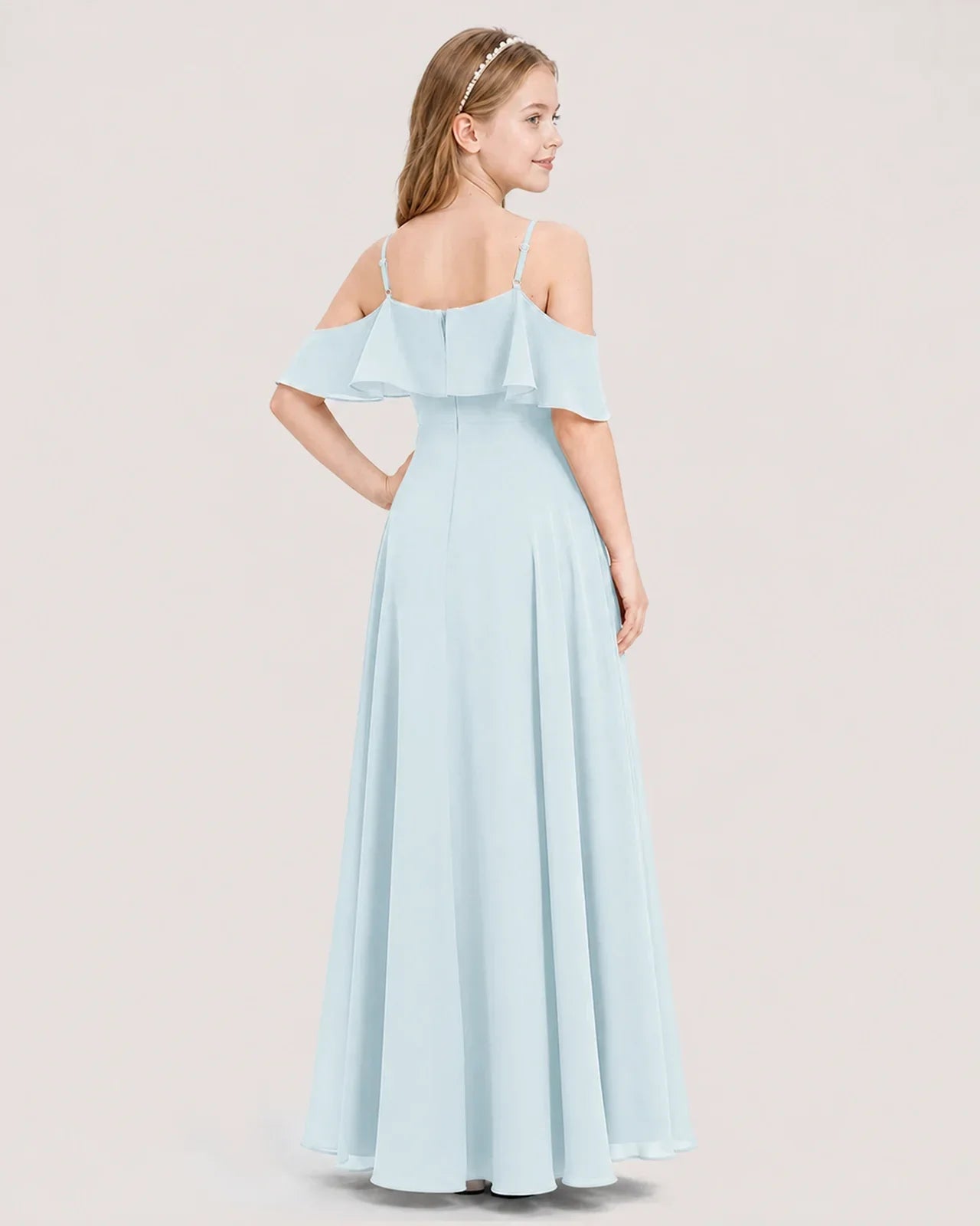 Baby Blue Chiffon Ruffle Off-Shoulder Junior Bridesmaid Dress Back View