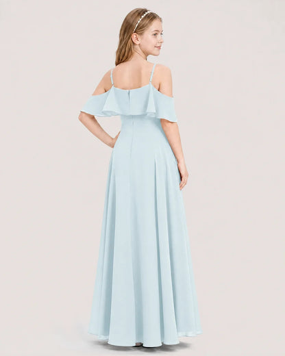 Baby Blue Chiffon Ruffle Off-Shoulder Junior Bridesmaid Dress Back View