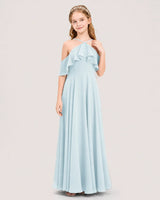 Baby Blue Chiffon Ruffled Cold Shoulder Junior Bridesmaid Dresses Front View